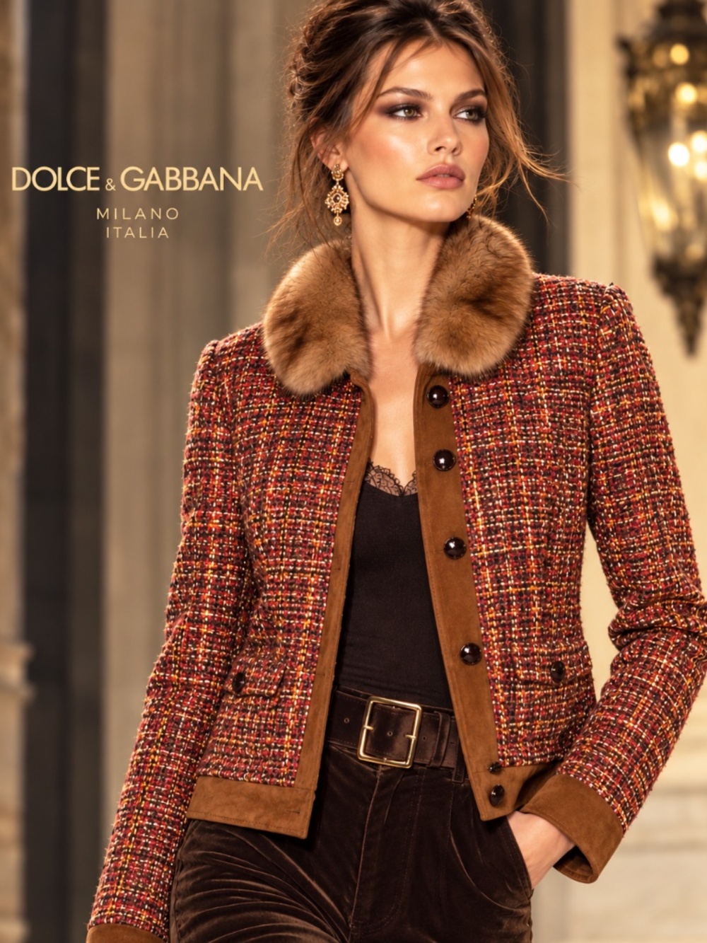 RARE Dolce & Gabbana Vintage Tweed Mink Fur Collar Jacket IT 48